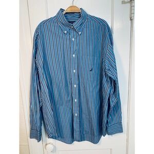 NAUTICA / Men's Blue Stripe 2-Ply Cotton Button Down Shirt / Size L